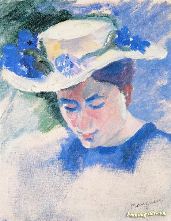 Jeanne, A Hat with Cornflowers Artwork by Henri Manguin