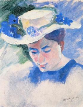 Jeanne, A Hat with Cornflowers Artwork by Henri Manguin