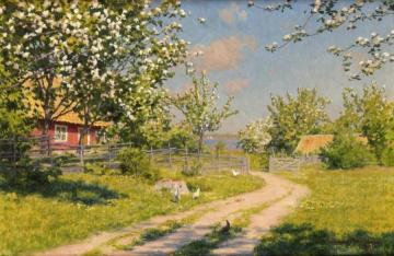 Cottage with flowering fruit trees Artwork by Johan Krouthén