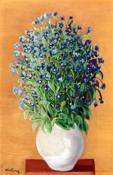 Blue Flowers in a Vase Artwork by Moise Kisling