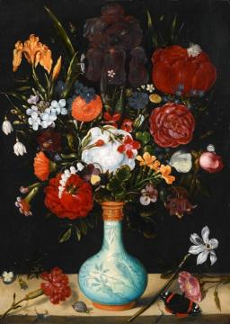 Still Life Of Roses, Marigolds, Aquilegia, Violets, Etc. In A Wan-li Kraak Porcelain Vase Artwork by Ambrosius Bosschaert