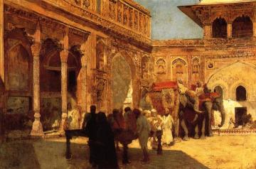 Elephants and Figures in a Courtyard, Fort Agra Artwork by Edwin Lord Weeks