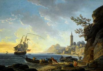 A Coastal Scene with a Lighthouse on the Cliffs and Fishermen Artwork by Claude-Joseph Vernet