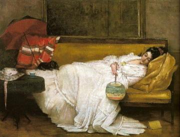Girl in a white dress resting on a sofa Artwork by Alfred Stevens