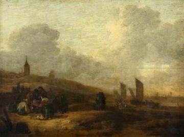 Beach Scene, Scheveningen, The Netherlands, with a Fish Auction Artwork by Egbert van der Poel