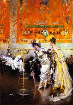 Two Women with a Parrot Artwork by Giovanni Boldini