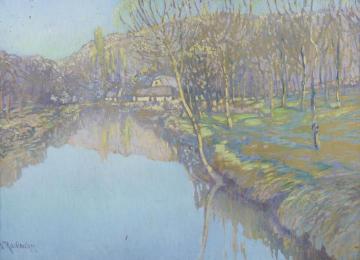 River Landscape with Cottages Artwork by Václav Radimský