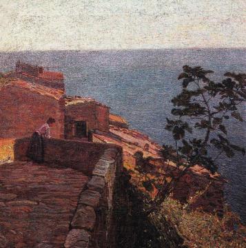 Girl on the terrace at sunset Artwork by Llewelyn Lloyd