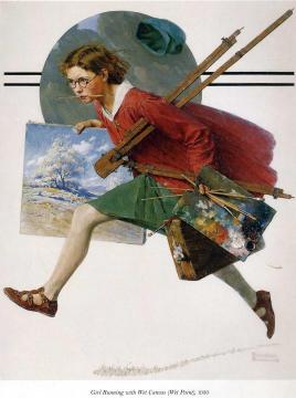 Girl Running With Wet Canvas Artwork by Norman Rockwell