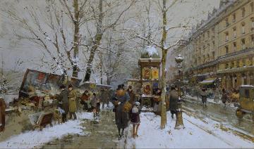 Bookstalls in Winter Artwork by Eugene Galien-Laloue
