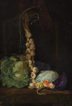 Still life with cabbage, garlic and apples Artwork by Kitty Kielland