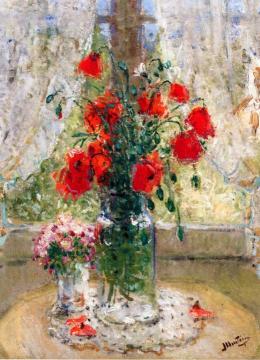 Poppies and Daisies in front of the Window Artwork by Pierre Eugène Montézin
