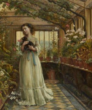 Dora laughing held the dog up childishly to smell the flowers Artwork by George Goodwin Kilburne