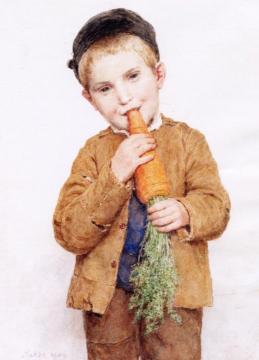 Little Boy with Big Carrot Artwork by Albert Anker