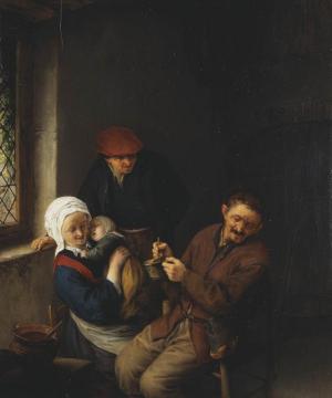 Interior of a Peasant's Cottage: A Child about to be Fed Artwork by Adriaen van Ostade