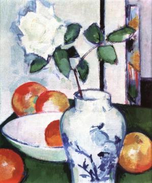 Still Life: Apples And A White Rose In An Oriental Vase Artwork by Samuel John Peploe