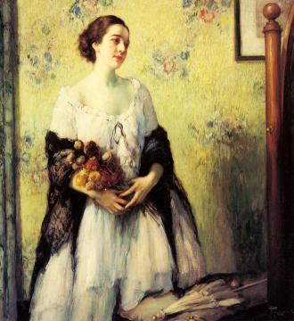 A Young Woman Holding a Bouquet Artwork by Fernand Toussaint