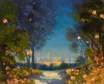 View across a Lake towards a City Artwork by Thomas Edwin Mostyn