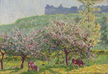 Apple-Blossom time in Arc-la-Bataille Artwork by Wynford Dewhurst