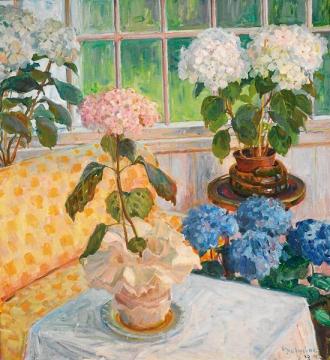 Garden with Hydrangeas in Pots Artwork by Thorolf Holmboe