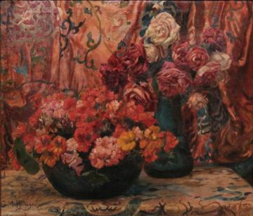 Red Flowers Amongst Drapery Artwork by Georges Antoine Rochegrosse