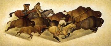 Running Buffalo With Hunters: Sketch For A Mural Artwork by Maynard Dixon