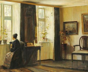Interior with the artist's wife at the window Artwork by Carl Vilhelm Holsoe