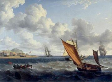 A Fishing Lugger and Customs Boat off a Coastal Town Artwork by Charles Martin Powell