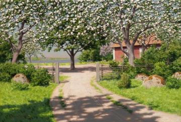 Cottage with fruit trees Artwork by Johan Krouthén