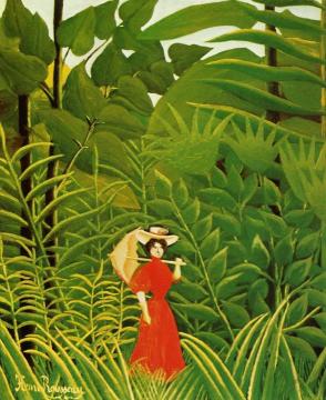 Woman With An Umbrella In An Exotic Forest Artwork by Henri Rousseau