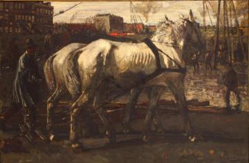 Two White Horses Pulling Posts in Amsterdam Artwork by George Heidrik Breitner