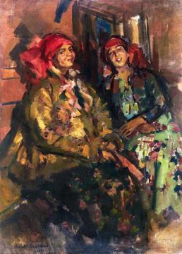 Two Girls in Peasant Costumes Artwork by Constantin Alexeevich Korovin