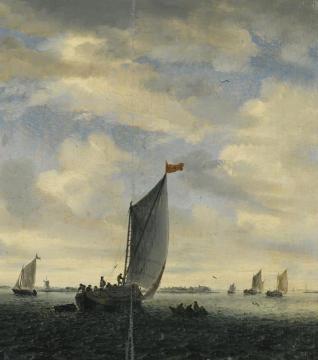 An estuary scene with smalschips on a broad reach before a gentle breeze Artwork by Salomon van Ruysdael
