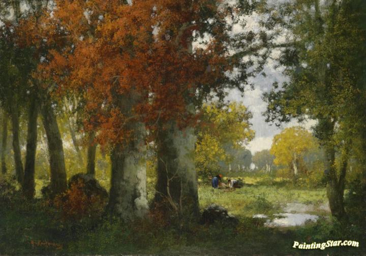 Forest Clearing with Women Gathering Brushwood Artwork by Adolf Kaufmann