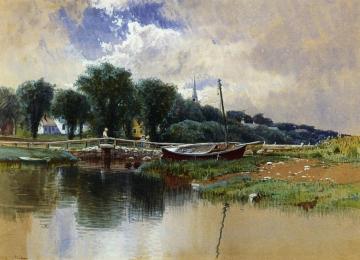 Landscape with Children on a Bridge Artwork by Alfred Thompson Bricher