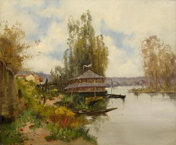 River landscape with boat house Artwork by Eugene Galien-Laloue