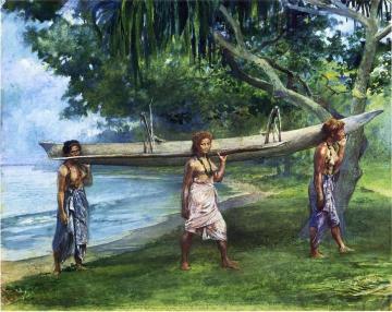 Girls Carrying a Canoe, Vaiala in Samoa. 1891. Portraits of Otaota, Daughter of the Preacher and Our Next Neighbor Saikumu. The  Artwork by John La Farge