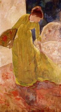 Woman Standing, Holding a Fan Artwork by Mary Cassatt