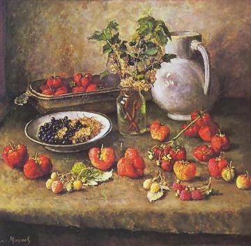 Strawberries and white jar Artwork by Ilya Mashkov