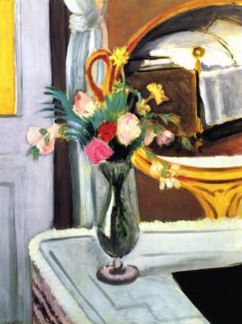 Vase of Flowers on the Dressing Table, the Bed Reflected in the Mirror Artwork by Henri Matisse
