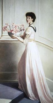 Lady with a bowl of pink carnations Artwork by John Maler Collier