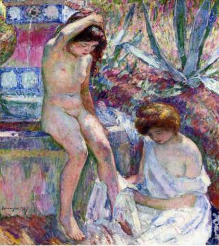 Marthe and Madame Lebasque at the Fountain Artwork by Henri Lebasque