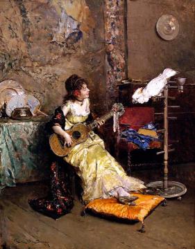 Girl With A Guitar and Parrot Artwork by Raimundo de Madrazo y Garreta