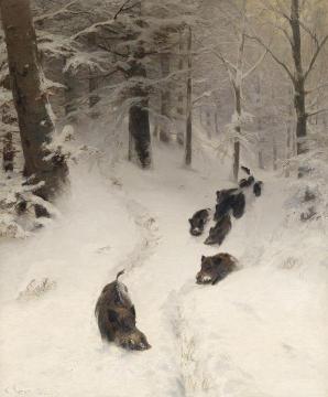 Boars in winter forest Artwork by Christian Johann Kroner