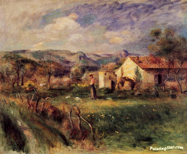 Young Woman Standing near a Farmhouse in Milly Artwork by Pierre Auguste Renoir