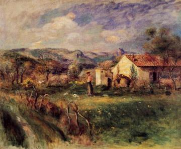 Young Woman Standing near a Farmhouse in Milly Artwork by Pierre Auguste Renoir