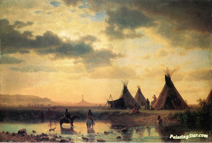 View of Chimney Rock, Ogalillalh Sioux Village in Foreground Artwork by Albert Bierstadt
