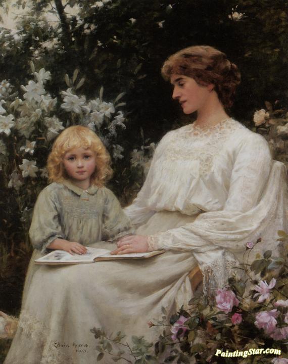 Portrait Of A Mother And Daughter Reading A Book Artwork by Edwin Harris