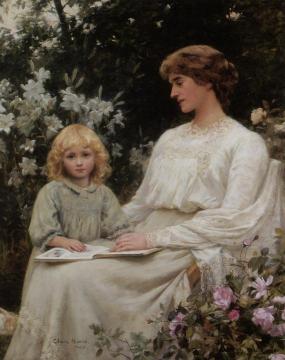 Portrait Of A Mother And Daughter Reading A Book Artwork by Edwin Harris