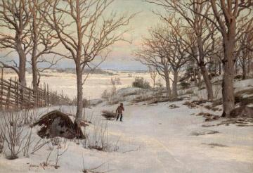 Boy With Sledge In Winter Landscape Artwork by Johan Krouthén